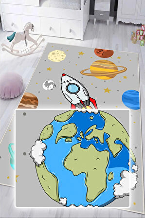 Dijital Baskılı Dekoratif Kaymaz Taban Yıkanabilir Gezegenler Temalı Modern Çocuk Halısı