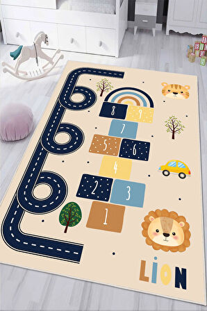 Dijital Baskılı Dekoratif Kaymaz Taban Yıkanabilir Seksek ve Yol Temalı Çocuk Halısı