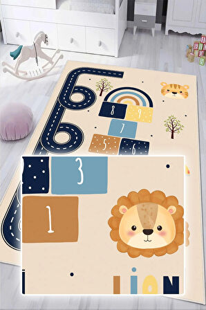 Dijital Baskılı Dekoratif Kaymaz Taban Yıkanabilir Hayvanlı Seksek Temalı Modern Çocuk Halısı