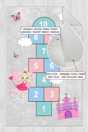 Dijital Baskılı Dekoratif Kaymaz Taban Yıkanabilir Kız Çocuk Seksek Temalı Modern Çocuk Halısı