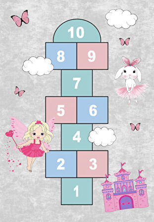 Dijital Baskılı Dekoratif Kaymaz Taban Yıkanabilir Kız Çocuk Seksek Temalı Modern Çocuk Halısı