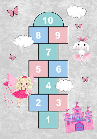 Dijital Baskılı Dekoratif Kaymaz Taban Yıkanabilir Kız Çocuk Seksek Temalı Modern Çocuk Halısı