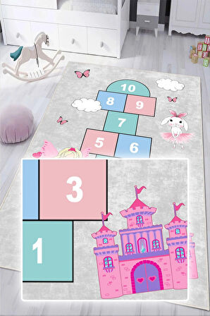 Dijital Baskılı Dekoratif Kaymaz Taban Yıkanabilir Kız Çocuk Seksek Temalı Modern Çocuk Halısı
