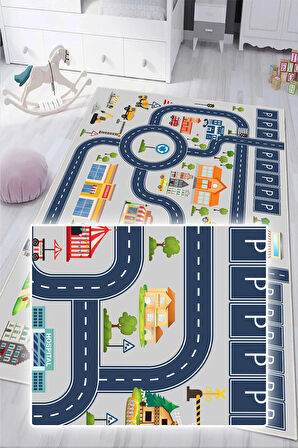 Dijital Baskılı Dekoratif Kaymaz Taban Yıkanabilir Trafik Parkı Temalı Modern Çocuk Halısı
