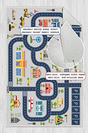 Dijital Baskılı Dekoratif Kaymaz Taban Yıkanabilir Trafik Parkı Temalı Modern Çocuk Halısı