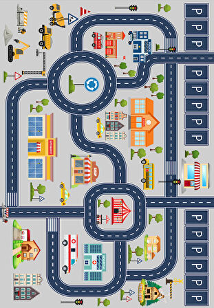 Dijital Baskılı Dekoratif Kaymaz Taban Yıkanabilir Trafik Parkı Temalı Modern Çocuk Halısı