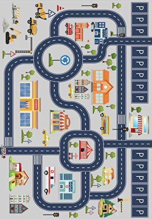 Dijital Baskılı Dekoratif Kaymaz Taban Yıkanabilir Trafik Parkı Temalı Çocuk Halısı