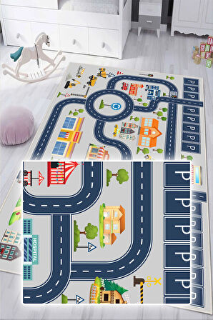 Dijital Baskılı Dekoratif Kaymaz Taban Yıkanabilir Trafik Parkı Temalı Çocuk Halısı