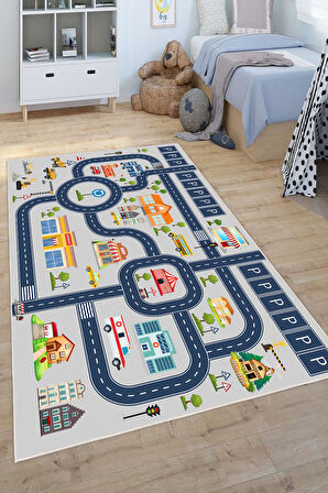Dijital Baskılı Dekoratif Kaymaz Taban Yıkanabilir Trafik Parkı Temalı Modern Çocuk Halısı