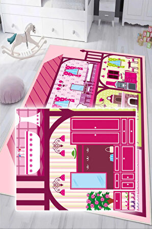 Dijital Baskılı Dekoratif Kaymaz Taban Yıkanabilir Prenses Evi Temalı Çocuk Halısı