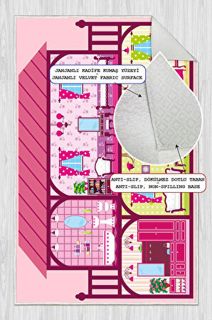 Dijital Baskılı Dekoratif Kaymaz Taban Yıkanabilir Prenses Evi Temalı Modern Çocuk Halısı