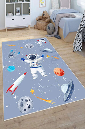 Dijital Baskılı Dekoratif Kaymaz Taban Yıkanabilir Uzay Temalı Modern Çocuk Halısı