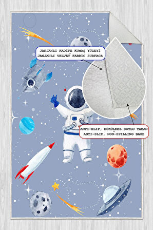 Dijital Baskılı Dekoratif Kaymaz Taban Yıkanabilir Uzay Temalı Modern Çocuk Halısı