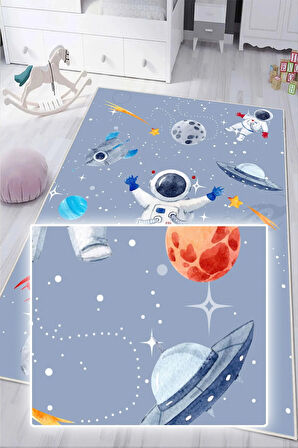 Dijital Baskılı Dekoratif Kaymaz Taban Yıkanabilir Uzay Temalı Modern Çocuk Halısı