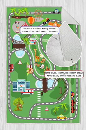 Dijital Baskılı Dekoratif Kaymaz Taban Yıkanabilir Trafik Parkı Temalı Modern Çocuk Halısı