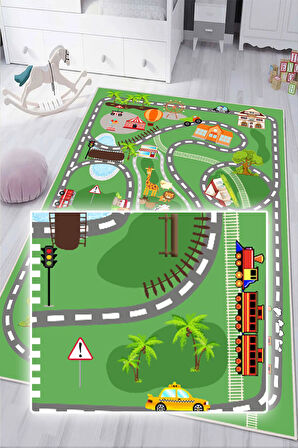 Dijital Baskılı Dekoratif Kaymaz Taban Yıkanabilir Trafik Parkı Temalı Modern Çocuk Halısı