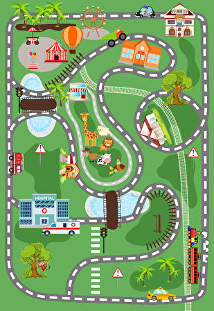 Dijital Baskılı Dekoratif Kaymaz Taban Yıkanabilir Trafik Parkı Temalı Modern Çocuk Halısı