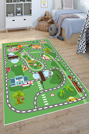 Dijital Baskılı Dekoratif Kaymaz Taban Yıkanabilir Trafik Parkı Temalı Modern Çocuk Halısı
