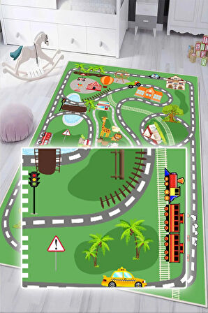 Dijital Baskılı Dekoratif Kaymaz Taban Yıkanabilir Trafik Parkı Temalı Modern Çocuk Halısı