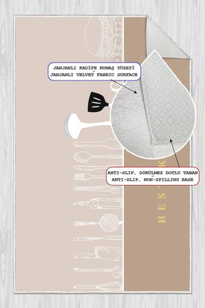 Dijital Baskılı Dekoratif Kaymaz Taban Yıkanabilir Best Kitchen Desenli Mutfak Halısı