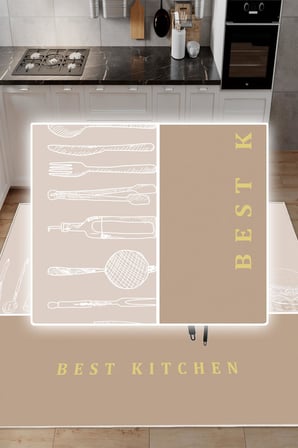 Dijital Baskılı Dekoratif Kaymaz Taban Yıkanabilir Best Kitchen Desenli Mutfak Halısı