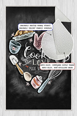 Dijital Baskılı Dekoratif Kaymaz Taban Yıkanabilir Cooking Love Mutfak Halısı