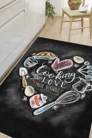 Dijital Baskılı Dekoratif Kaymaz Taban Yıkanabilir Cooking Love Halı Mutfak Halısı Yolluk Salon Halısı