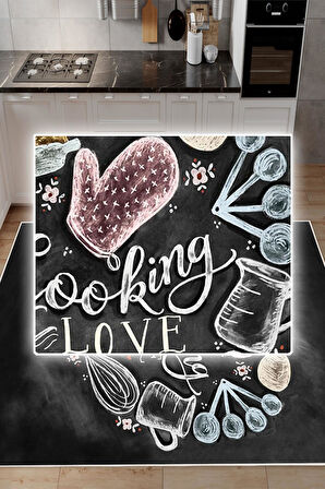Dijital Baskılı Dekoratif Kaymaz Taban Yıkanabilir Cooking Love Halı Mutfak Halısı Yolluk Salon Halısı