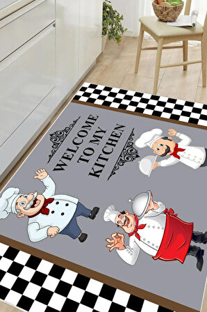 Dijital Baskılı Dekoratif Kaymaz Taban Yıkanabilir Aşçı Desenli Mutfak Halısı