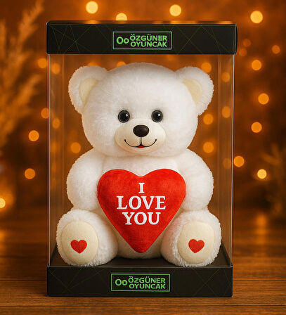 Özel Premium Kutu İçerisinde Sevgiliye Özel Kalpli (I LOVE YOU) Yazılı Sevimli Peluş Ayıcık