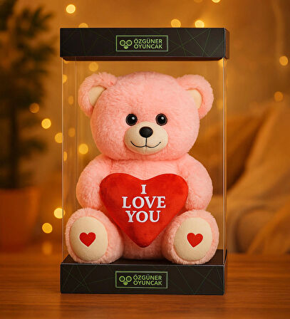 Özel Premium Kutu İçerisinde Sevgiliye Özel Kalpli (I LOVE YOU) Yazılı Sevimli Peluş Ayıcık
