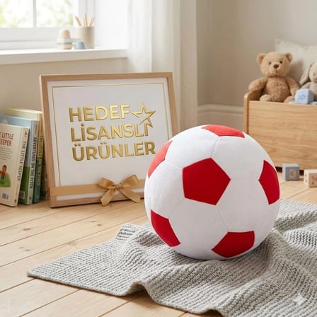 Peluş Futbol Topu Figürlü Top-Yastık Kırmızı / Beyaz (30x30 cm)