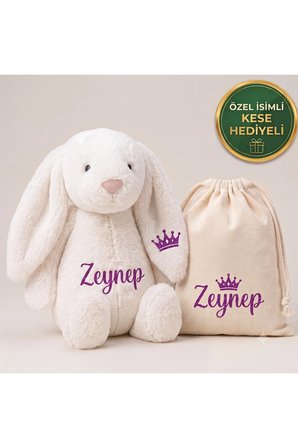 Kişiye Özel İsimli Peluş Oyuncak Tavşan +Kese Hediyeli - Uyku Arkadaşı - Peluş Tavşan - İsme Özel Kese - Kişiselleştirilebilir Oyuncak -Beyaz Tavşan