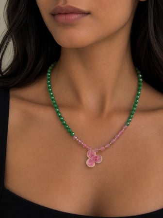 Pembe Kuvars ve Akik Kolye Tasarım, Kadın Akik Takı, Kadın çiçek Kolye Taş, Renkli Pembe Yeşil Kolye