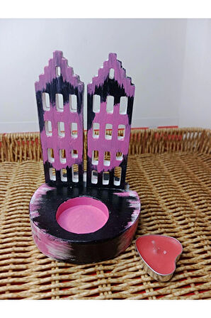 Pembe Siyah Ev Görünümlü Mumluk Dekoratif Obje