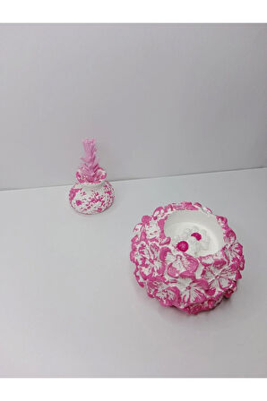 Pembe Mumluk ve Çiçekli Minik Vazo Obje Takımı