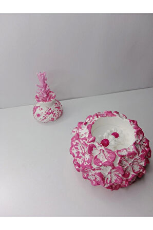 Pembe Mumluk ve Çiçekli Minik Vazo Obje Takımı