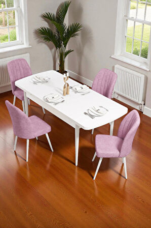 Bara Beyaz 80X132 Açılabilir Sunta Masa Yemek Odası Takımı, Mutfak Takımı 4 Adet Sandalye