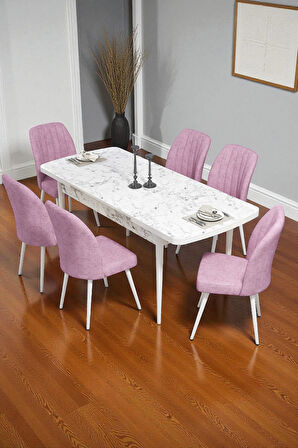 Bara Beyaz Mermer 80X132 Açılabilir Sunta Masa Yemek Odası Takımı, Mutfak Takımı 6 Adet Sandalye