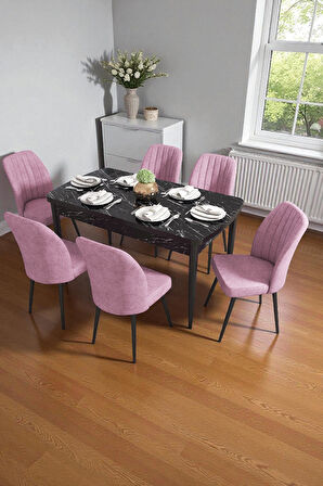 Bara Siyah Mermer 80X132 Açılabilir Sunta Masa Yemek Odası Takımı, Mutfak Takımı 6 Adet Sandalye