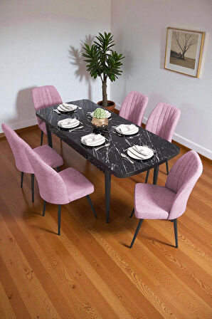 Bara Siyah Mermer 80X132 Açılabilir Sunta Masa Yemek Odası Takımı, Mutfak Takımı 6 Adet Sandalye