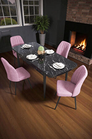 Bara Siyah Mermer 80X132 Açılabilir Sunta Masa Yemek Odası Takımı, Mutfak Takımı 4 Adet Sandalye