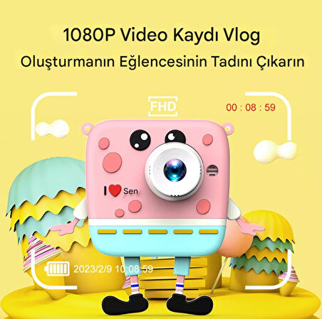 QASUL Çift Objektifli 1080 P Sünger Bob Kare Pantolon Çocuklar için Dijital Video Kamera Pembe