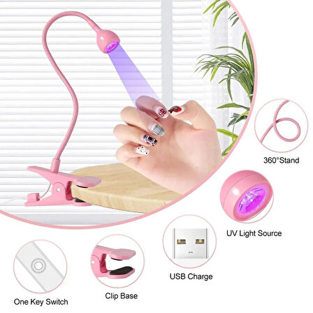 Ayarlanabilir Klipsli UV Lamba - Manikür ve Nail Art Uyumlu Pembe