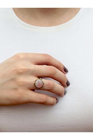 Doğal Taş Pembe Kuvars Doğal Taşlı Ayarlanabilir Yuvarlak Yüzük