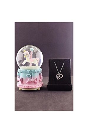Sevgiliye Hediye Unicorn Orta Boy Kar Küresi Işıklı Müzikli 12CM ve Zirkon Taş Kolye Set