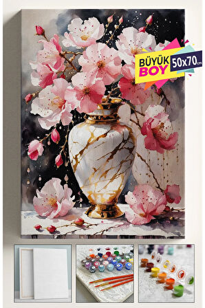 Sayılarla Boyama Seti Numaralı Tuval Fırça Boya Dahil Kasnaklı Set 50x70 Cm - PEMBE VAZO
