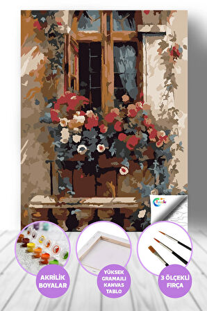 Pencere Bahçesi Sayılarla Boyama Seti, Hobi Seti, 40X50 Tablo, Fırça Boya, Numaralı Tuval