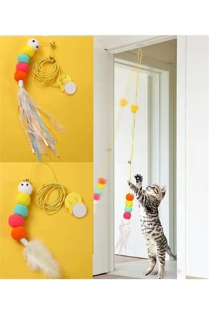 Elastik Tırtıl Kedi Oyuncağı Vantuzlu Lastikli Kedi Zilli Peluş Yakalama Egzersiz Oyuncağı