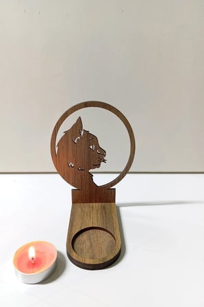 Tek Duran Kedi Figür Kahverengi Ahşap Gölge Mumluk Projeksiyon Biblo – Mum Hediyeli KETE2